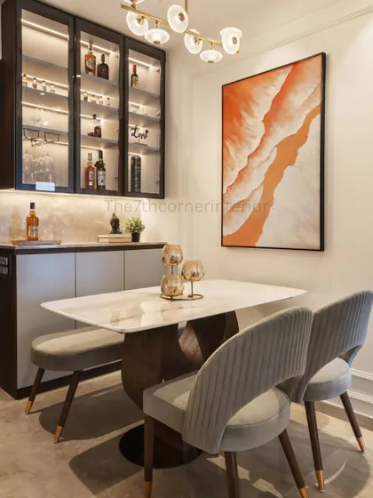 The dining space from 'Urban Vista', where the main highlight is the captivating pop-up wall art. The custom dining table is paired with a bench on one side to optimize space and improve access to the integrated bar unit.
