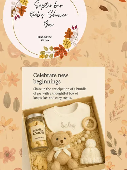 A "September Baby Shower Box" idea, with cozy autumn-themed keepsakes like a teddy bear, animal cookies, and a knitted hat.