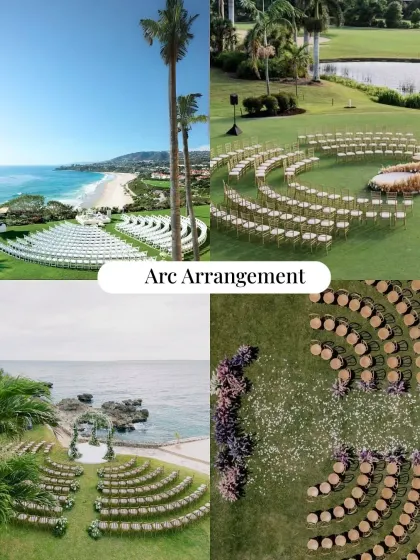 An arc seating arrangement is a beautiful way to create an intimate ceremony space, ensuring all guests have a clear view of the couple.