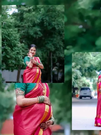 This multi-frame image showcases the elegance of the mother's posture and the details of her traditional attire during her outdoor baby shower photoshoot.