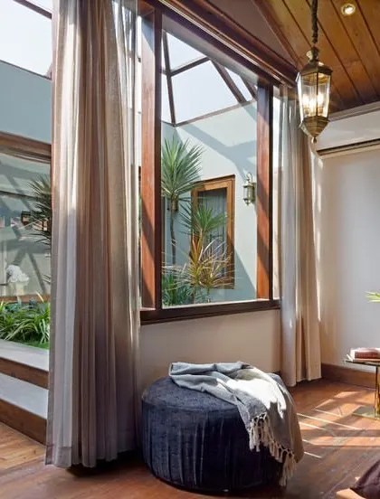 A beautiful watercolor interpretation of the master bedroom and its view into the courtyard. It wonderfully captures the serene and integrated nature of the space.