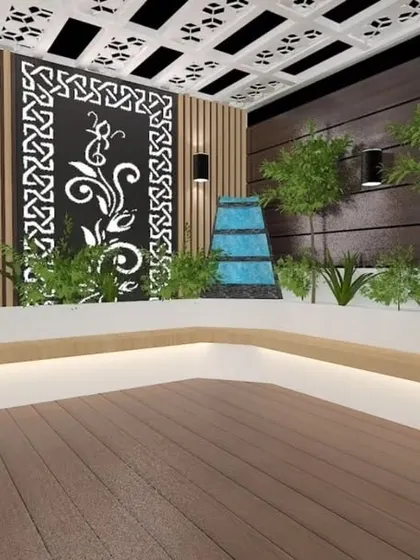 A 3D concept for a covered seating area with a small waterfall. The design features a decorative jaali screen, built-in planters, and a wooden deck, creating a tranquil corner.