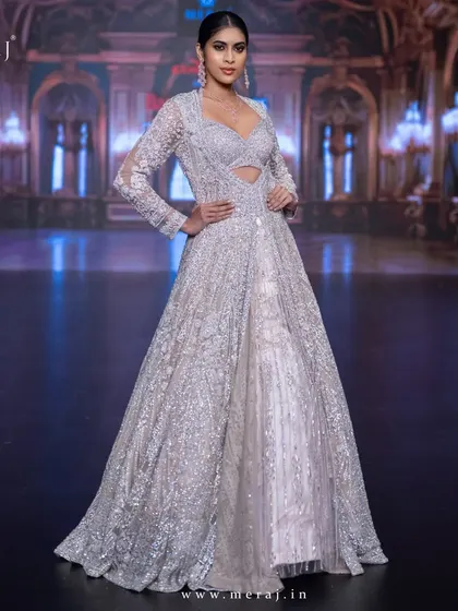 A full view of the light peach Indo-Western masterpiece, straight from the spotlight of Times Bangalore Fashion Week.