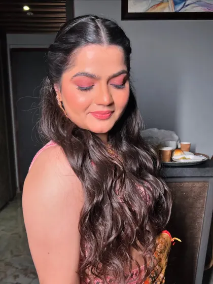 A close-up of the vibrant pink eye makeup, perfect for a fun Sangeet night.