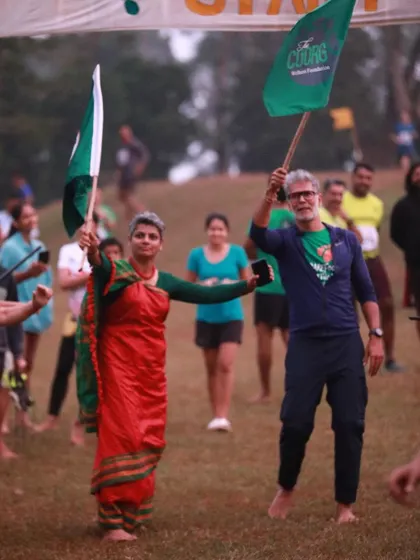 Kicking off the Barefoot Marathon with my friend and partner, Milind Soman. Together, we celebrate fitness and our connection to the beautiful land of Kodagu.