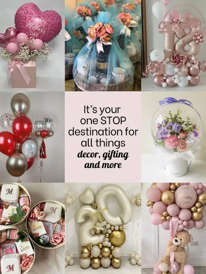 A collage showcasing the wide variety of gifts and decor we offer. From Mother's Day hampers and birthday balloon arrangements to personalized chocolate boxes, we are your one stop destination for any celebration.