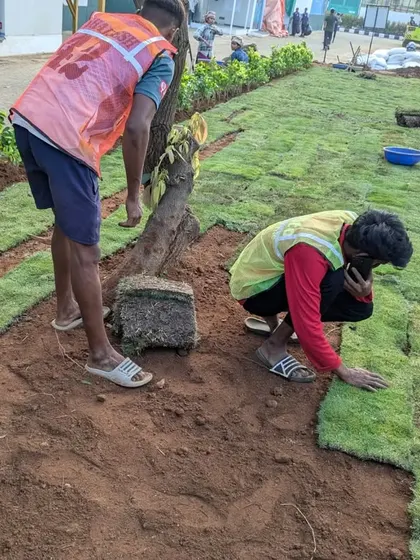A close up of our team member carefully laying down a section of turf. Precision is key to avoiding gaps and ensuring the lawn looks perfect.