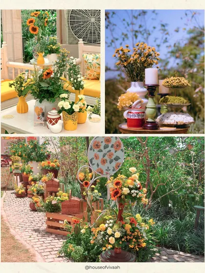 A collage of the sunflower-themed Haldi, showcasing the vibrant yellow floral arrangements, citrus accents, and rustic wooden crates used throughout the decor.