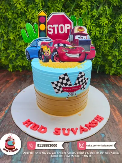 Kachow! A Disney Cars themed cake for Suvansh, featuring Lightning McQueen and Mater. The checkered flags and desert road design bring the movie to life.