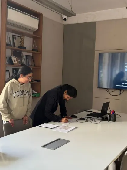 Two of our architects, Riya Choudhury and Bhumika Arora, collaborating in the conference room. Teamwork is essential to tracing the evolution of an idea from concept to completion.