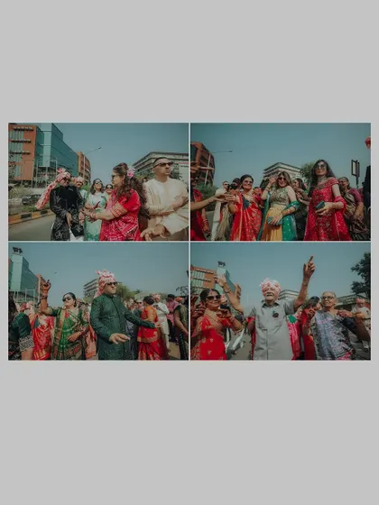 A collage showcasing the vibrant energy of the Baraat. Family and friends dance in the streets, celebrating the groom's journey to his wedding.