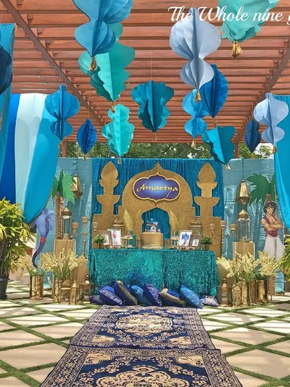 I brought the world of Aladdin to life for this magical birthday party. The setup featured a magic carpet entrance, low seating with plush cushions, and a golden Agrabah-inspired backdrop to transport guests to a whole new world.