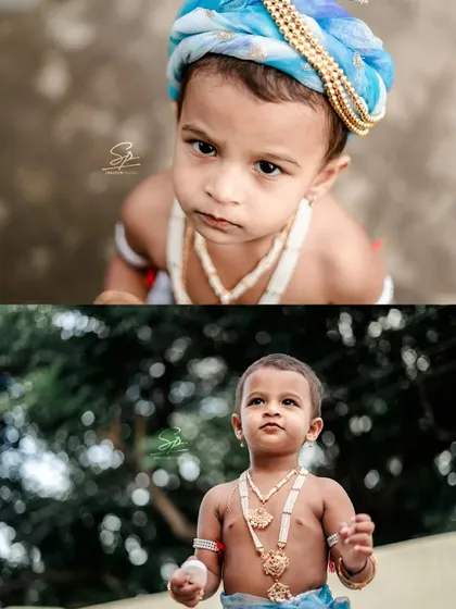 A diptych contrasting a direct, soulful gaze with a hopeful, distant look. These close-up portraits from the themed shoot focus on the child's expressive eyes and innocent features.