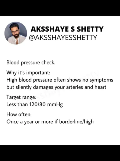 A blood pressure check is a simple but vital test. High blood pressure often has no symptoms but silently damages your arteries and heart. I recommend getting it checked at least once a year.