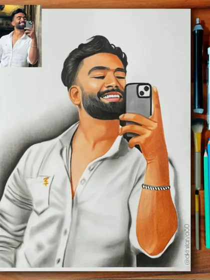 A modern selfie pose turned into a unique A4 portrait. I used a combination of colored pencils for the skin tones and graphite for the shirt to create this mixed-media effect.