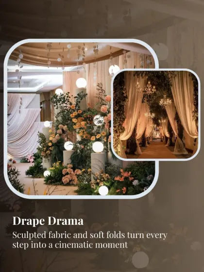 Using sculpted fabric and soft folds, we create "Drape Drama" in our walkways, turning every step into a cinematic and elegant moment.
