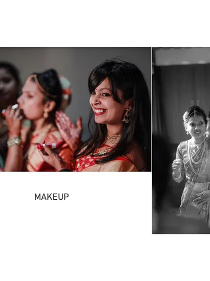 A collage showing the bride getting her makeup done and a candid moment of her getting ready, captured in timeless black and white.