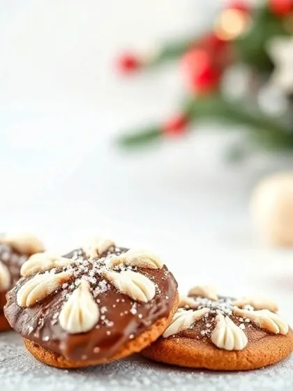 Delicate Christmas cookies with chocolate and white icing, dusted with powdered sugar. The bright, high-key lighting and festive background create a light and joyful holiday mood.