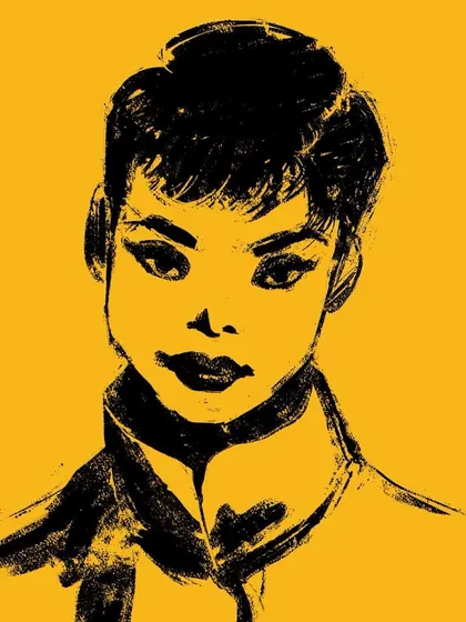 A high-contrast graphic portrait against a vibrant spectra yellow. This style reduces a portrait to its essential lines and shapes, creating a powerful and modern look.