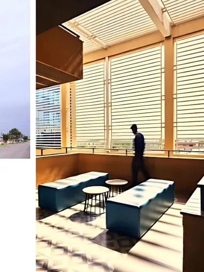 The combination of the building exterior and a sun-drenched breakout terrace at the Mahindra Chakan office. The use of louvres for shading demonstrates our commitment to climate-responsive design that enhances user comfort.