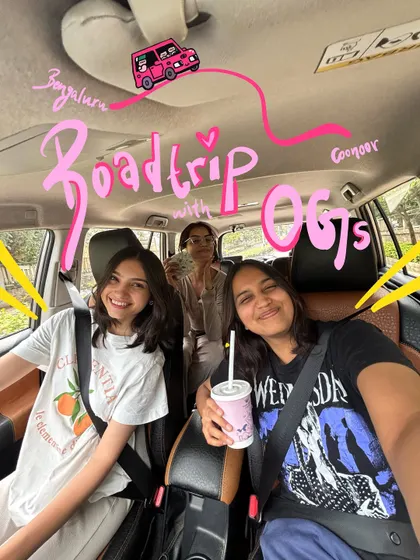 Roadtrip with the OGs. This is a perfect example of how I can turn a group selfie into a fun announcement or memory with custom text and cute car doodles.
