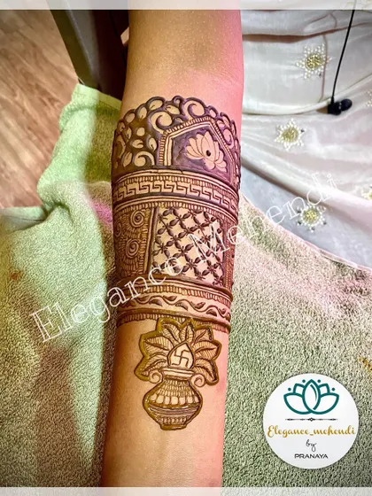 A bridal startup design featuring a sacred 'kalash' on a lotus flower, a beautiful and auspicious beginning.
