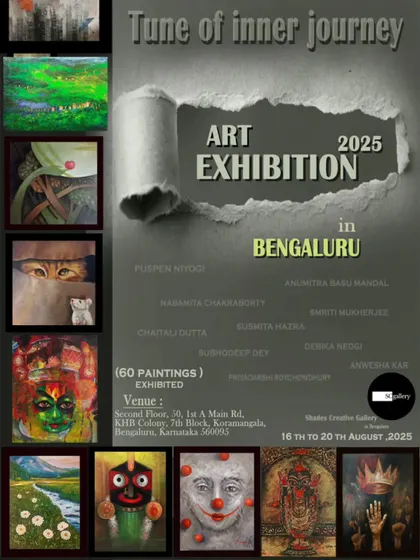 The announcement for the "Tune of Inner Journey" art exhibition, a group show featuring 60 paintings by 10 artists from Bengal.