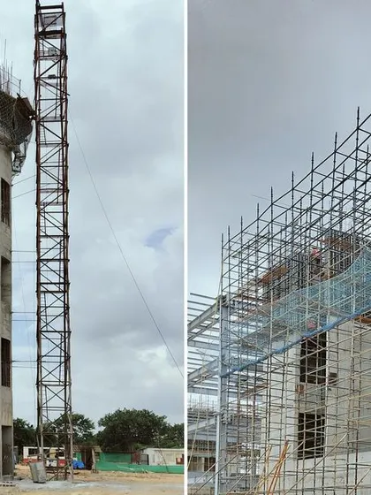 A split image showing the concrete core of the "Beacon" and the steel scaffolding of the main lab buildings. This highlights the different construction techniques and materials used in the ePositive project, from raw concrete to intricate steelwork.