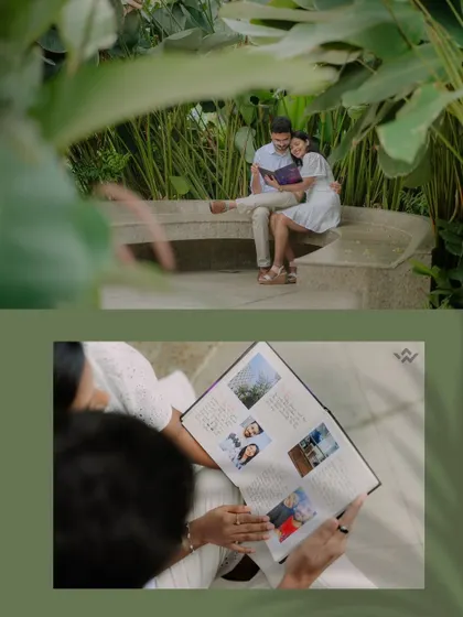 A collage from a pre-wedding shoot where the couple is looking through a photo album. This reflects our goal: to create memories that you will look back on and cherish for years to come.