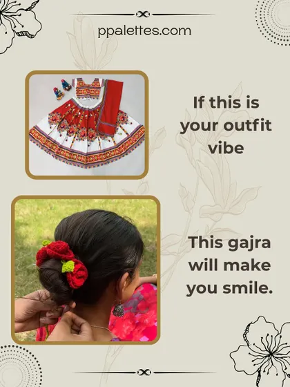 For a classic red and white chaniya choli, this red crochet rose gajra is the perfect accessory to complete your Navratri look.