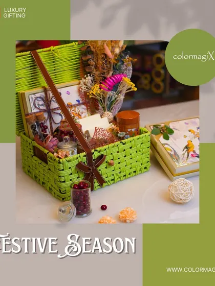 Our eco-friendly jute hampers are a highlight of our festive collection. This vibrant green basket is filled with premium goodies and is a perfect example of sustainable gifting.