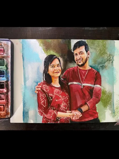 This couple's portrait was created using mixed media, primarily watercolors with pastel details. The abstract background adds a modern touch to the piece.
