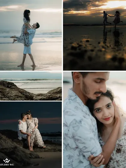 A collage showcasing the variety of a beach pre-wedding shoot, from playful lifts in the water to intimate moments on the rocks as dusk settles in.