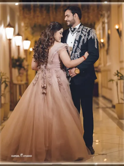 A romantic portrait of the couple from their engagement night, their pose reflecting their deep connection.