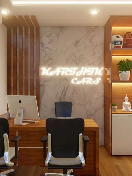 A close-up of the main desk and backlit display cabinet, which is perfect for showcasing awards, products, or personal items.