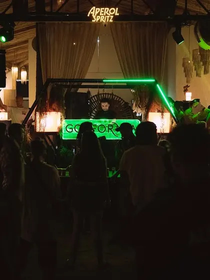The full view of the DJ setup at the Goifornia party. A great night of music and vibes in a beautiful Goa setting.