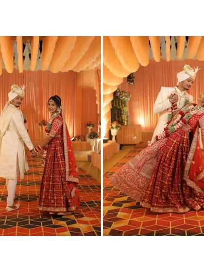 The couple's first dance. This diptych captures the movement and romance as the groom dips his bride on the dance floor.