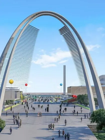 This is our design for the Science City Arch, an entrance marker for a 25-acre science center. The monumental arch is designed to rotate with the sun's angle, serving as a functional gateway while making a powerful artistic statement about the power of science.