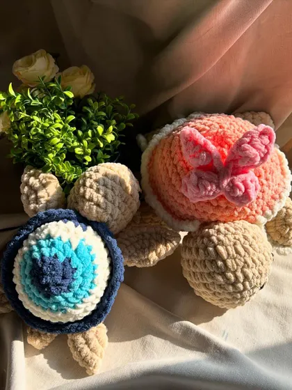 Two of our specialty turtles side-by-side: the evil eye design and a lovely pink one with a butterfly on its shell. These show how we can customize our turtles to any theme you can imagine.