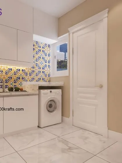 The kitchen from our 'American Industrial' villa project. It features classic white cabinets and a vibrant, patterned tile backsplash that adds a pop of color and personality.