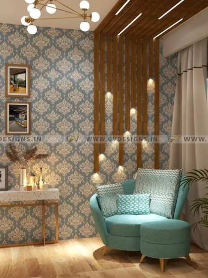 This exquisite foyer area features a console table, captivating wallpaper, and rafters with ambient lights on the wall and ceiling. An inviting armchair and ottoman provide a comfortable spot to relax, completing this sophisticated entrance.