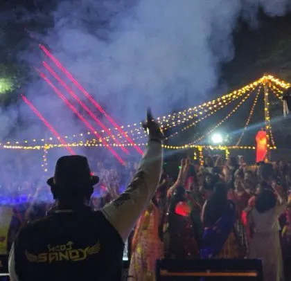 My view from the DJ booth, commanding the Diwali party with lights and smoke.