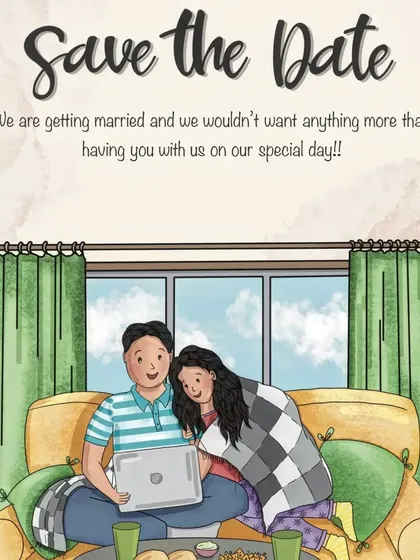 A custom 'Save the Date' wedding invitation I designed. This personalized caricature shows the couple relaxing at home, capturing a sweet and intimate moment for their special announcement.