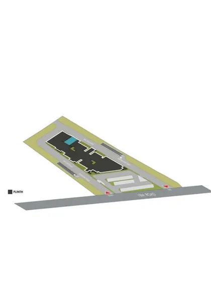 The plinth level site plan for our mixed-use tower project. This technical drawing shows the building's footprint, circulation paths, and the strategic placement of amenities like the swimming pool within the site.