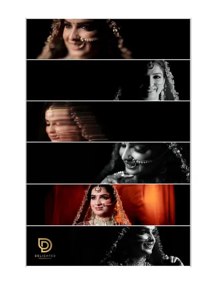 A collage of artistic bridal portraits, mixing color and black and white. It showcases various creative techniques like motion blur and shadow play to create a dynamic set of images.