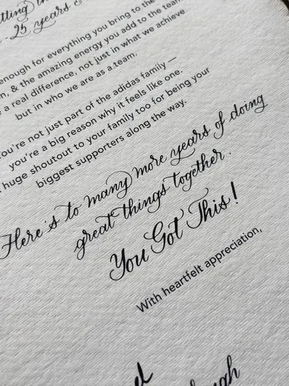A throwback to a thoughtful project for Adidas India, honoring team members hitting incredible milestones. Over 75 notes were crafted on handmade paper, combining typed font with digital calligraphy, and then individually hand-addressed.