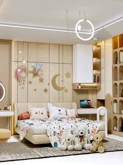Another angle of the dreamy kid's bedroom, highlighting the thoughtful lighting and playful design elements.