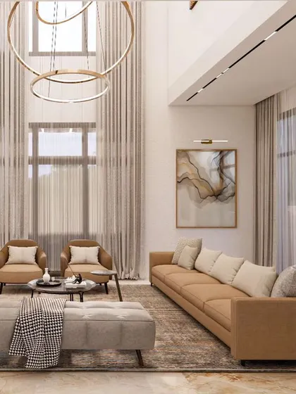 A living room concept for a residence in Odion Woods. The design uses a classic beige and warm wood palette, with a double-height space to create a sense of grandeur and openness.