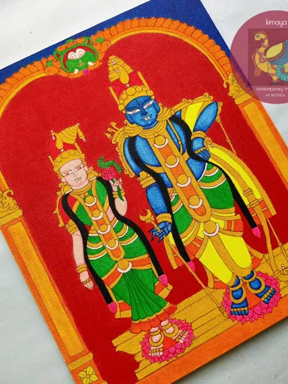 The Aandal Rangamannar painting with all colors filled in, before the final black outlining. This stage shows the pure, vibrant hues that form the base of the artwork's energy.