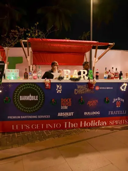 Our festive bar setup for the 'World of Christmas' event. We served holiday-themed spirits and cocktails, becoming a key attraction for visitors.